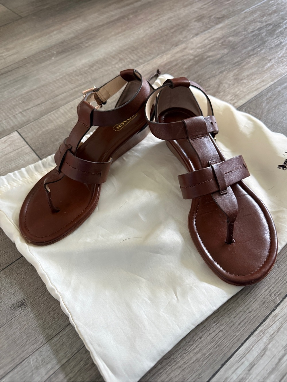 Coach Brown Leather T-Strap Sandals for Women size 6